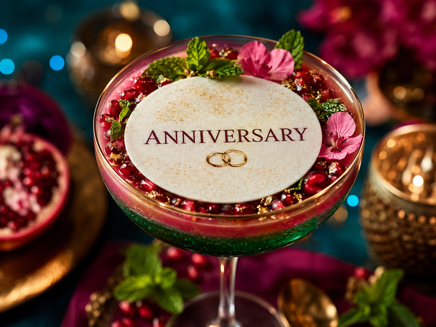 ANNIVERSARY 식용 토퍼를 올린 에메랄드 로즈 칵테일